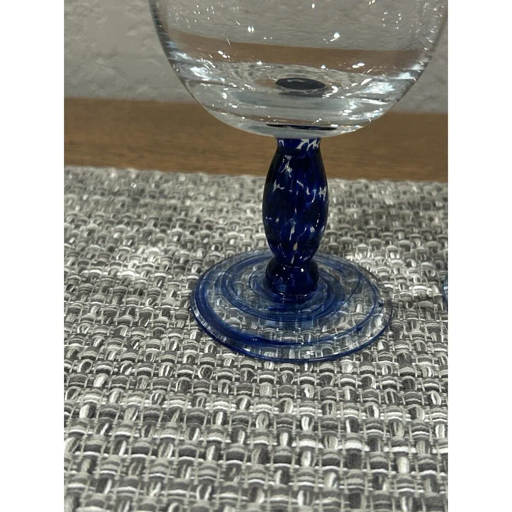 Hand Blown Glass Wine Glasses Cobalt Blue Swirl Speckled Stems Set Of 3 Ht 8.5